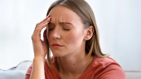 Vrouw Maya heeft hand op haar hoofd