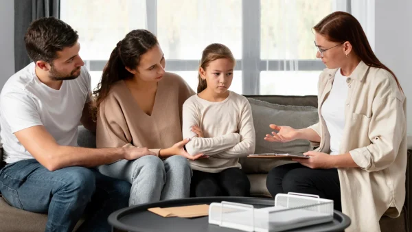 Moeder, vader en dochter zitten in gezinstherapie