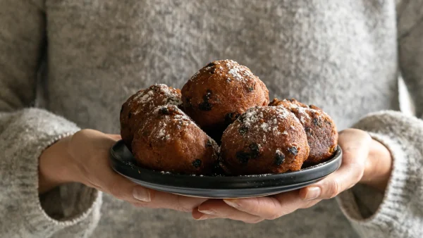 Vrouw houdt oliebollen op een bord vast