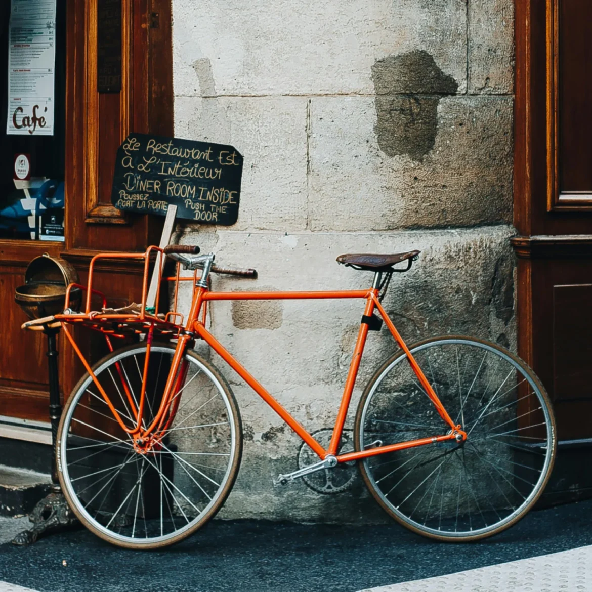 Oranje fiets in Parijs.