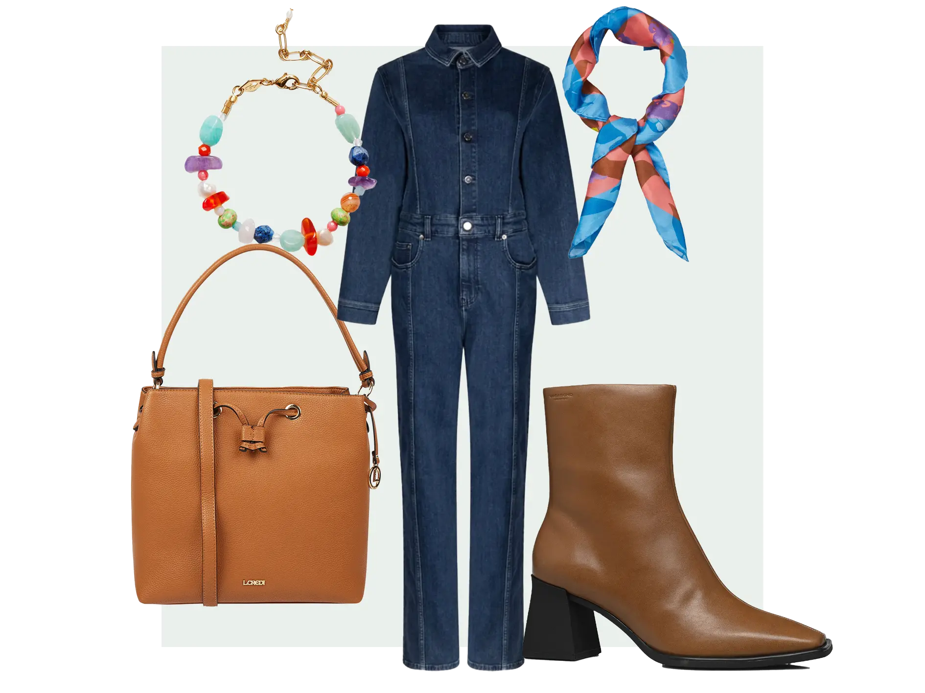 Denim outfit met kleurrijke accessoires